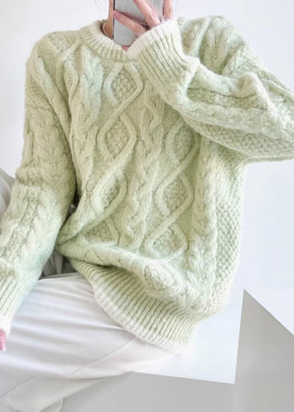 Light Green Cable Solid Cotton Knit Sweater Long Sleeve