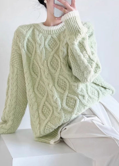 Light Green Cable Solid Cotton Knit Sweater Long Sleeve