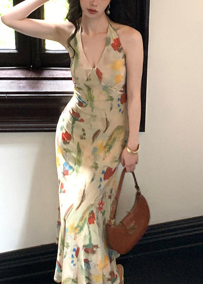 Light Green Halter Print Tulle Party Long Dress Sleeveless