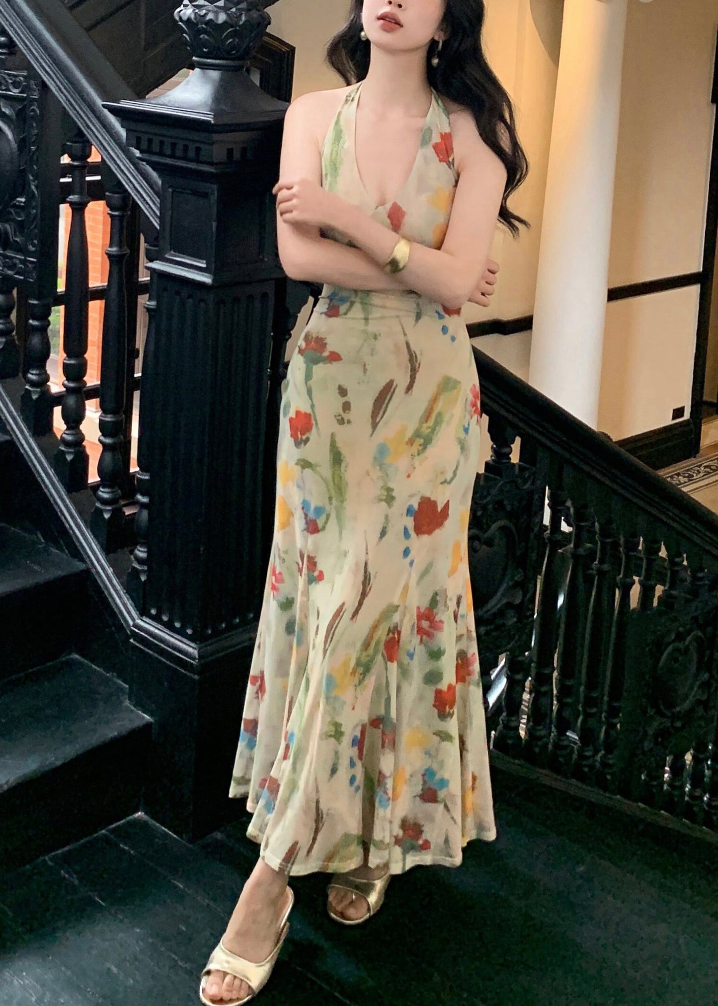 Light Green Halter Print Tulle Party Long Dress Sleeveless