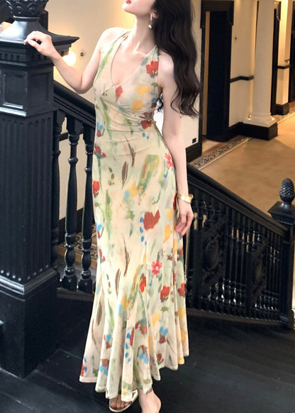 Light Green Halter Print Tulle Party Long Dress Sleeveless