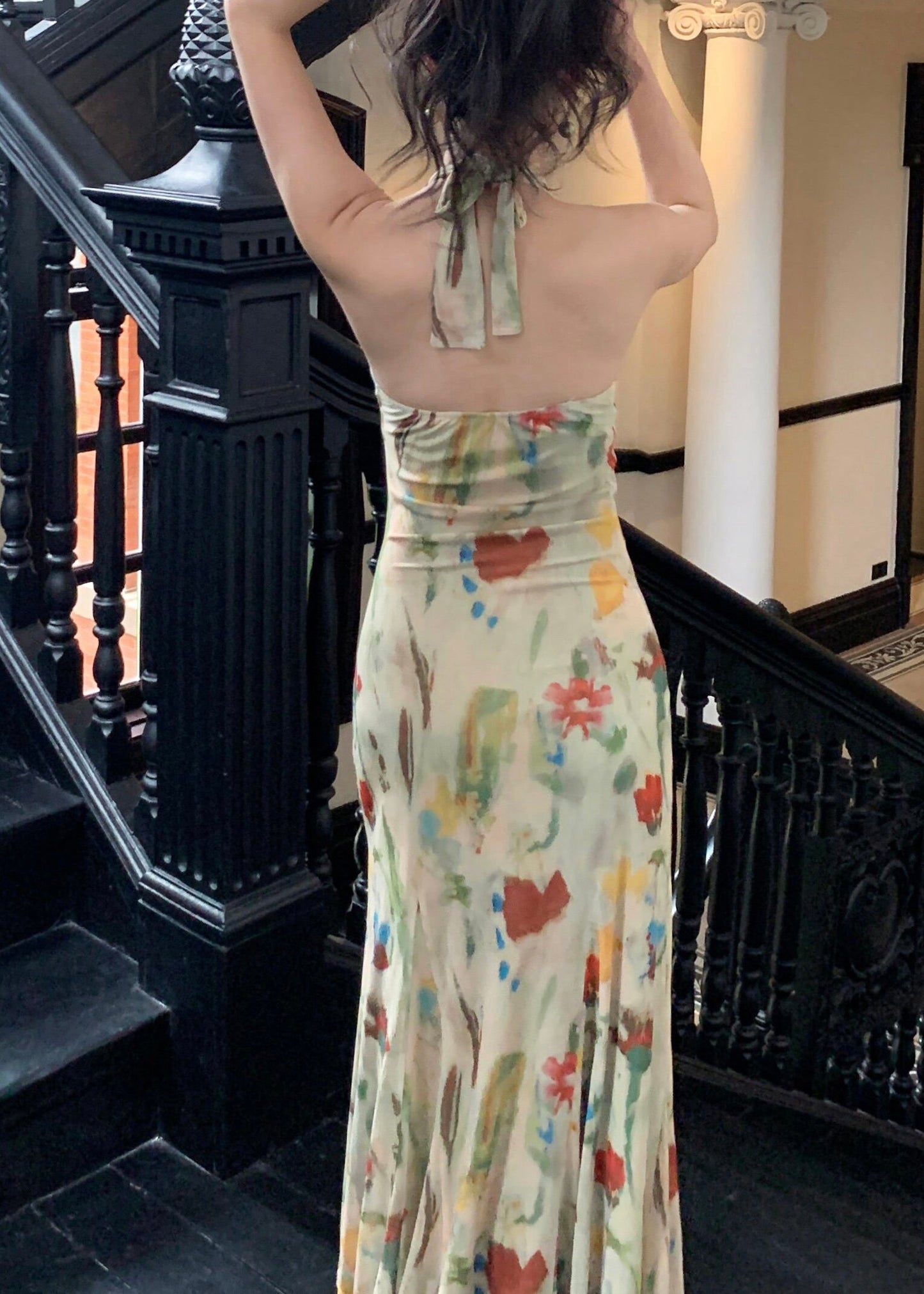 Light Green Halter Print Tulle Party Long Dress Sleeveless