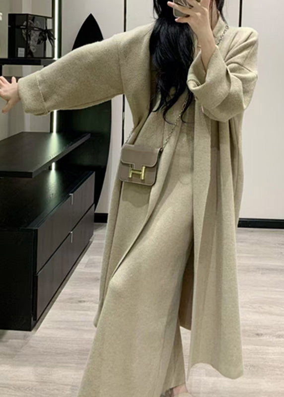 Light Green Knit Maxi Coats And Maxi Dress Two Pieces Set Asymmetrical Long Sleeve