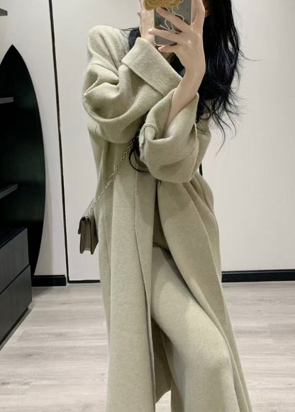 Light Green Knit Maxi Coats And Maxi Dress Two Pieces Set Asymmetrical Long Sleeve