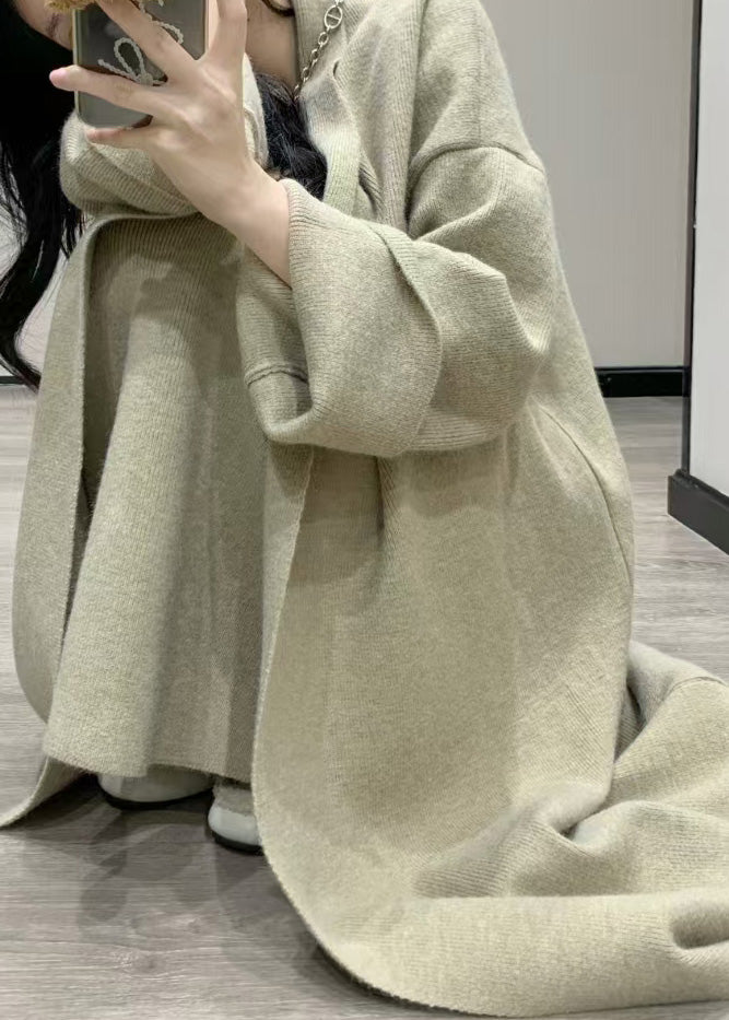 Light Green Knit Maxi Coats And Maxi Dress Two Pieces Set Asymmetrical Long Sleeve