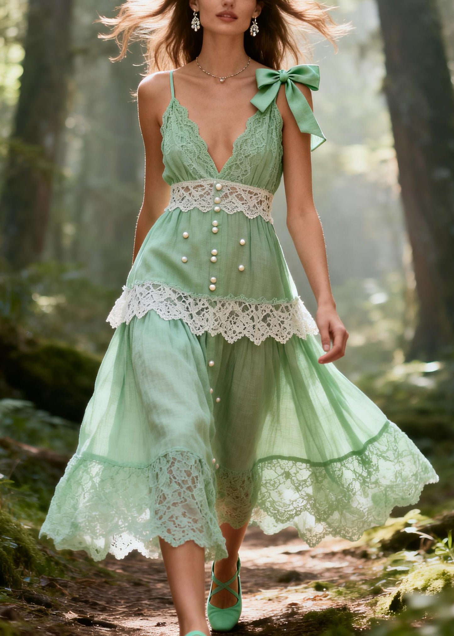 Light Green Patchwork Lace Sundress Fine Pearl Bow Summer