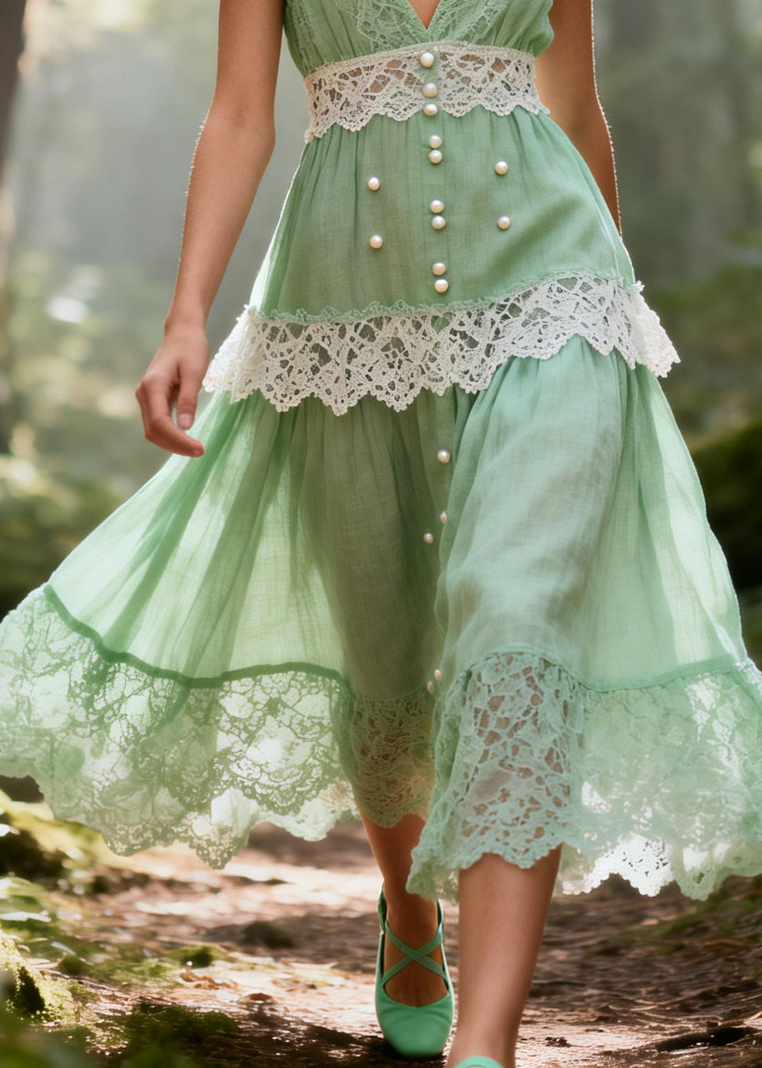 Light Green Patchwork Lace Sundress Fine Pearl Bow Summer