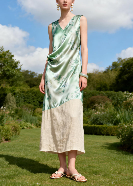 Light Green Patchwork Linen Silk Long Dress Print Sleeveless