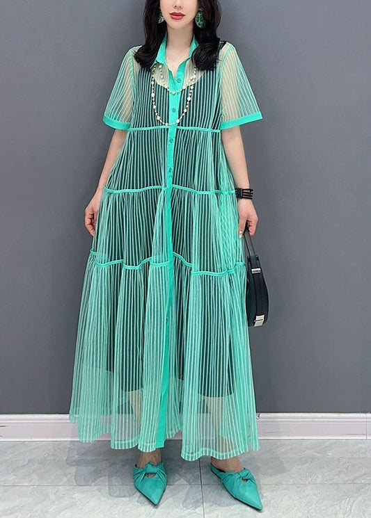 Light Green Patchwork Tulle Shirts Dress Peter Pan Collar Wrinkled Summer