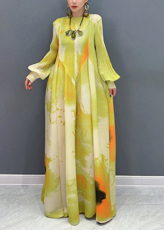 Light Green Print Patchwork Chiffon Maxi Dress Long Sleeve