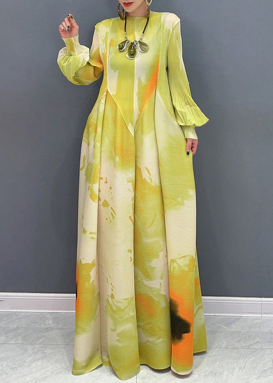 Light Green Print Patchwork Chiffon Maxi Dress Long Sleeve