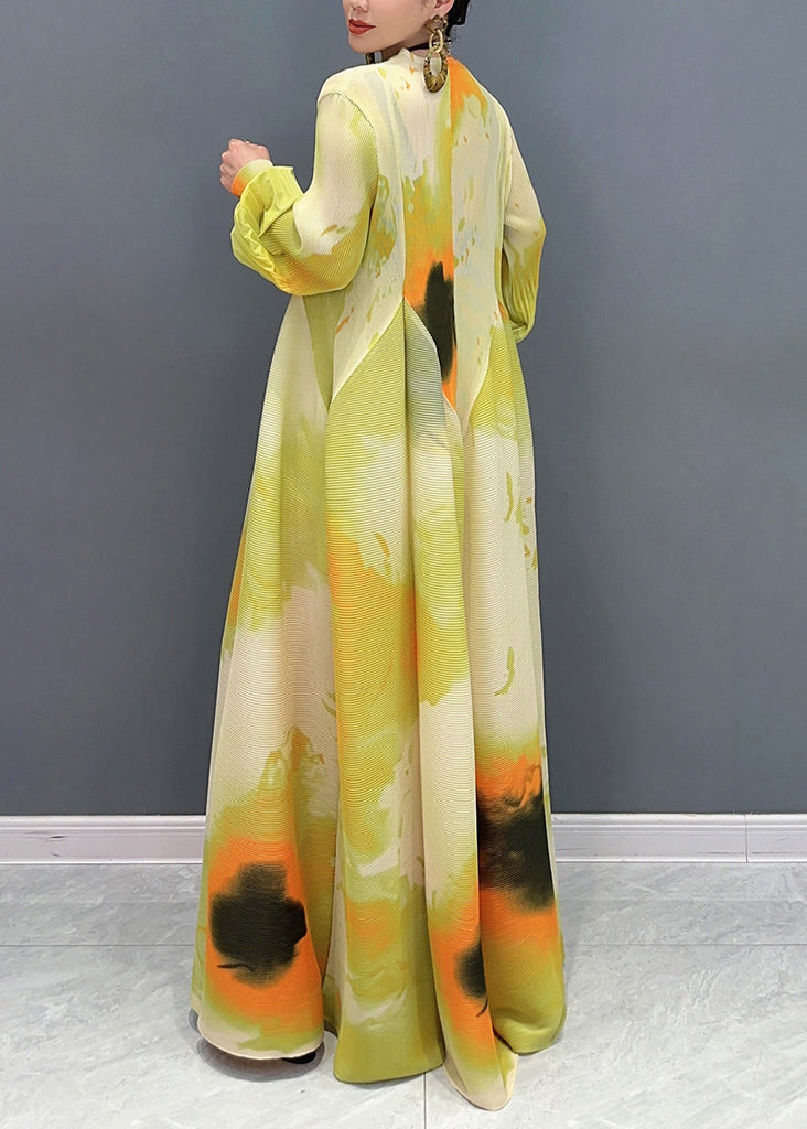 Light Green Print Patchwork Chiffon Maxi Dress Long Sleeve