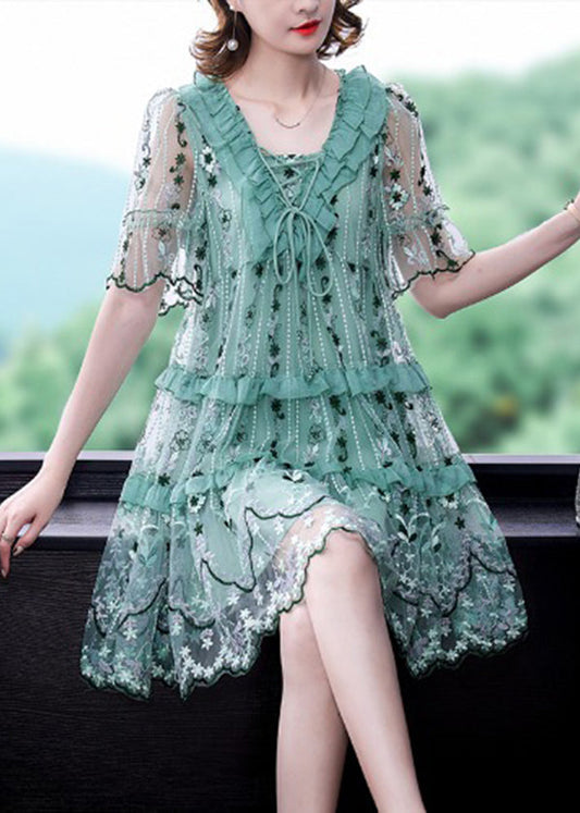Light Green Tulle Vacation Dress Hollow Out Print Short Sleeve