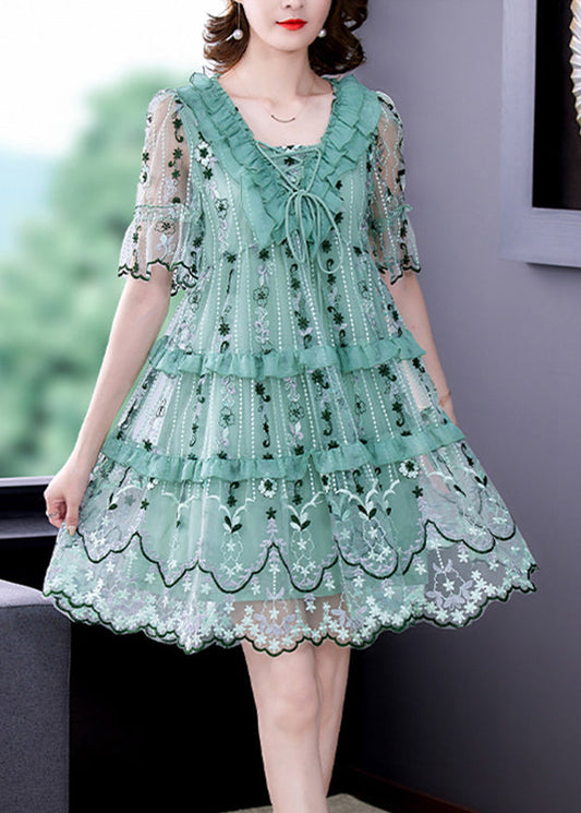 Light Green Tulle Vacation Dress Hollow Out Print Short Sleeve