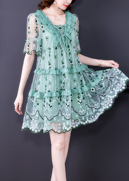 Light Green Tulle Vacation Dress Hollow Out Print Short Sleeve