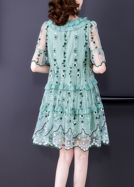 Light Green Tulle Vacation Dress Hollow Out Print Short Sleeve