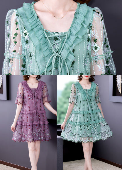 Light Green Tulle Vacation Dress Hollow Out Print Short Sleeve