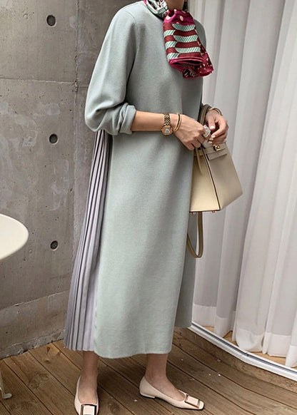 Light Green Wrinkled Solid Patchwork Cotton Winter Sweatshirt Dresses O Neck