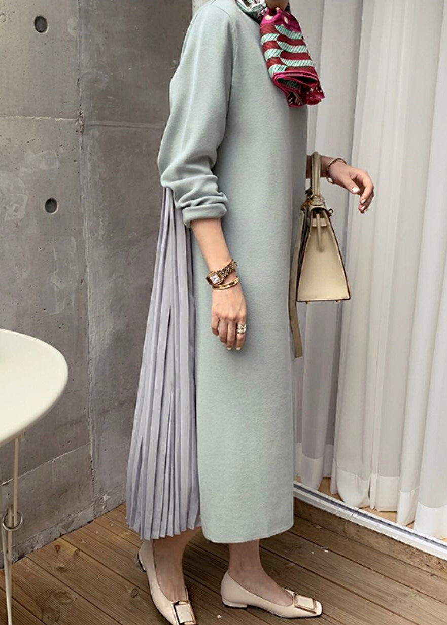 Light Green Wrinkled Solid Patchwork Cotton Winter Sweatshirt Dresses O Neck