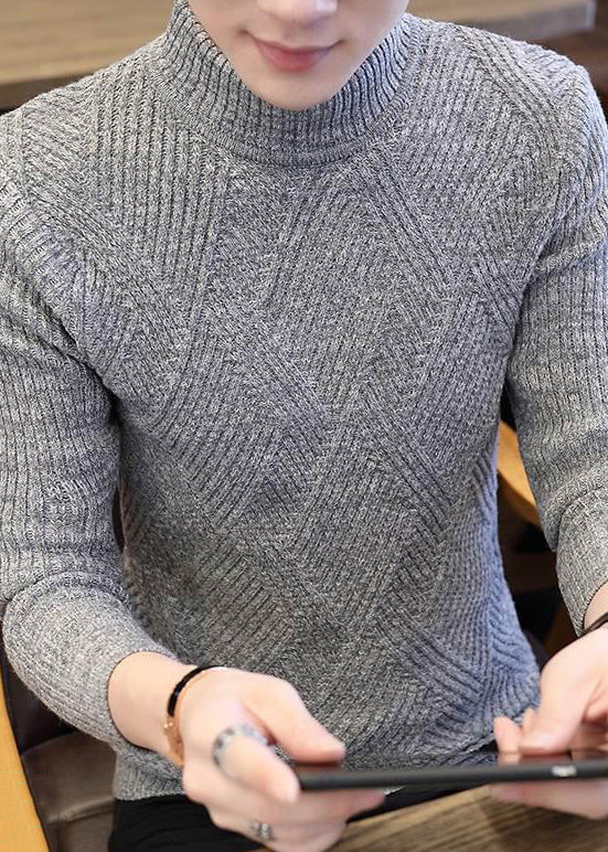 Light Grey Cozy Knit Winter Men Sweater Turtleneck