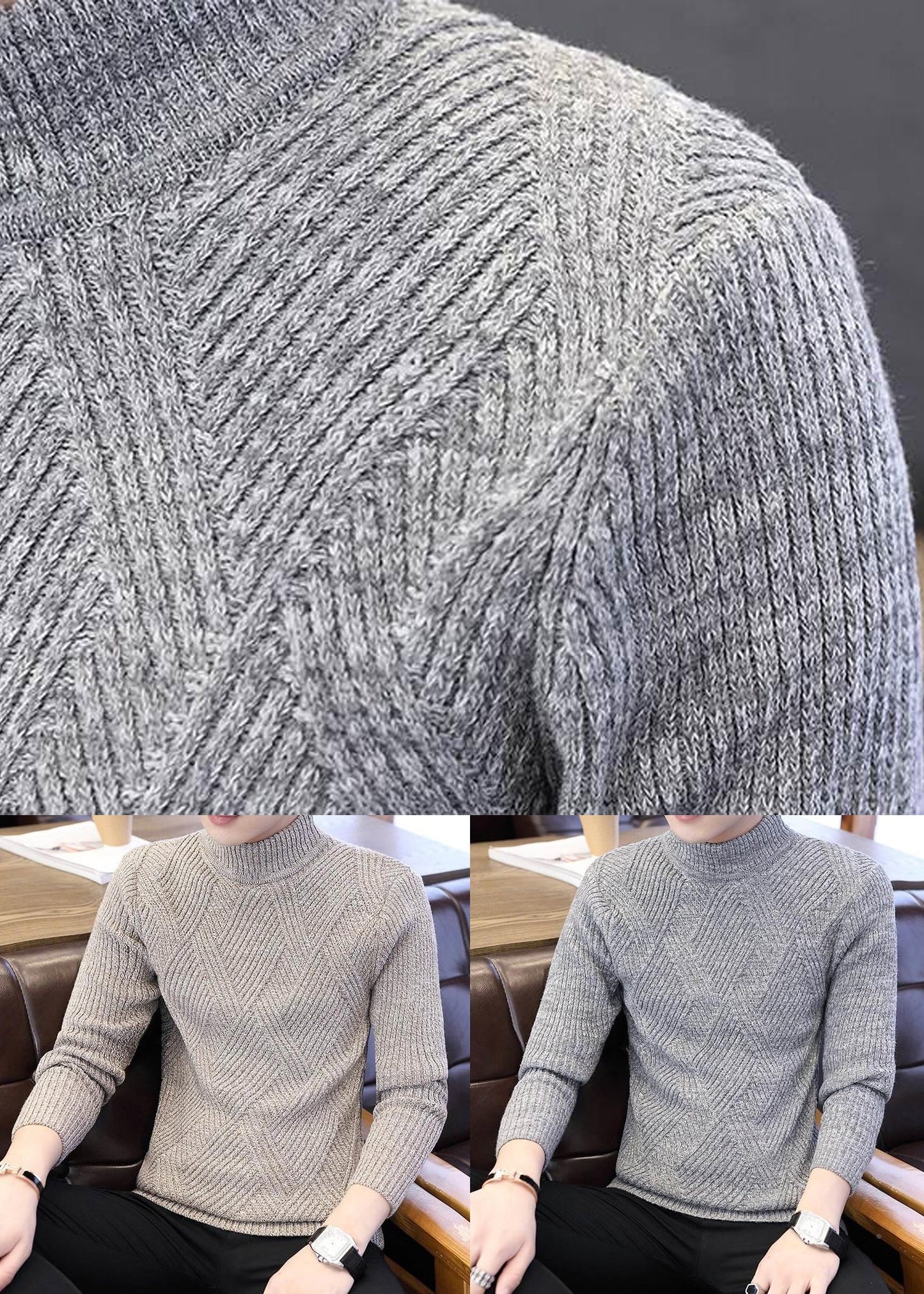 Light Grey Cozy Knit Winter Men Sweater Turtleneck