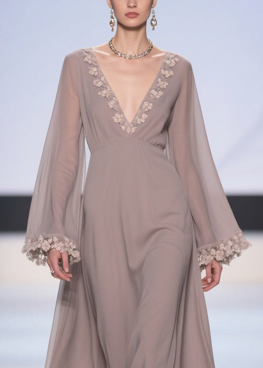 Light Grey Lace High Waist Solid Chiffon Robe Dresses V Neck