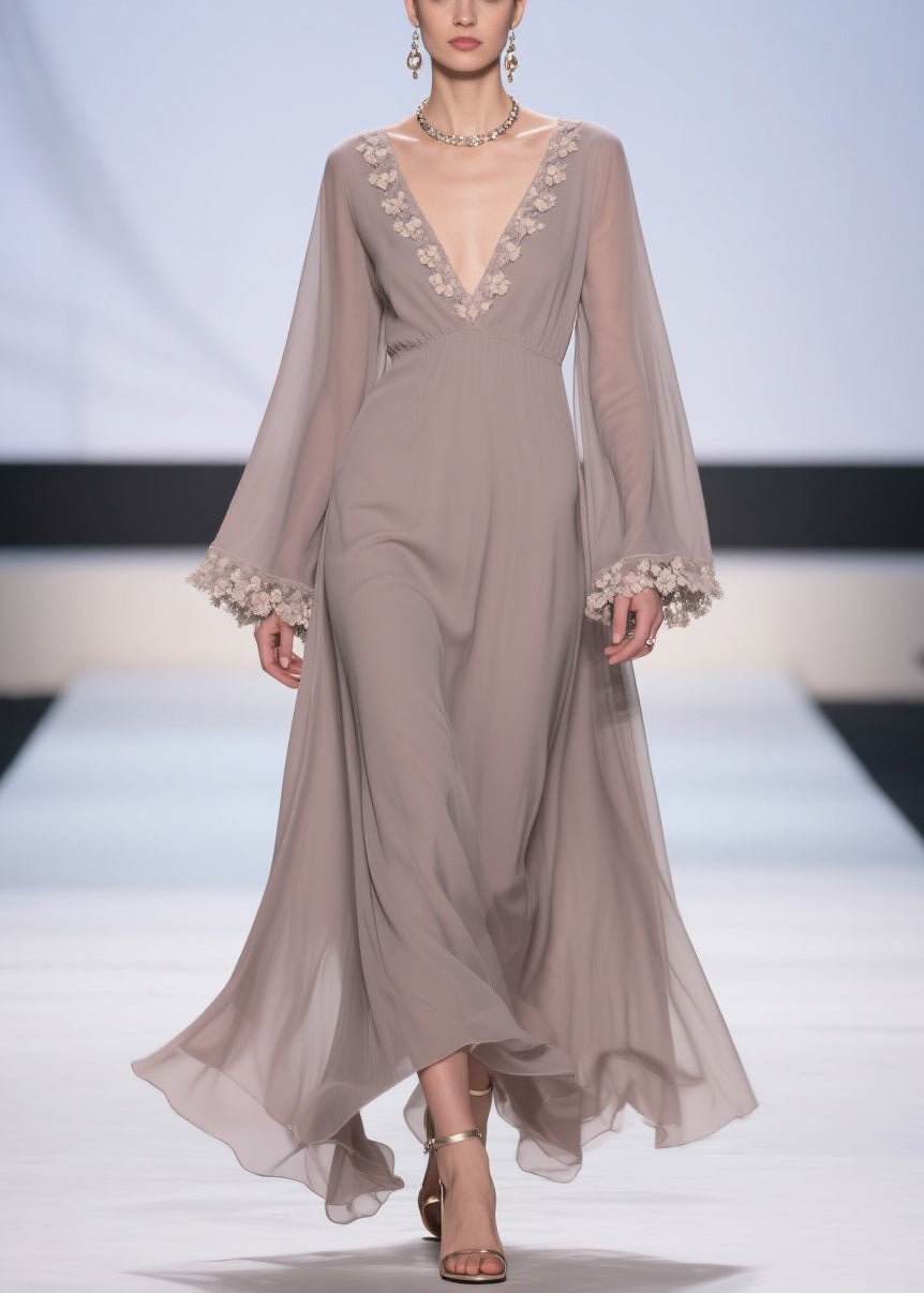 Light Grey Lace High Waist Solid Chiffon Robe Dresses V Neck