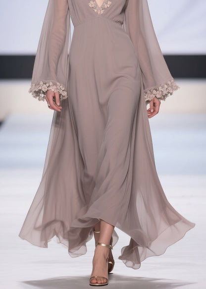 Light Grey Lace High Waist Solid Chiffon Robe Dresses V Neck