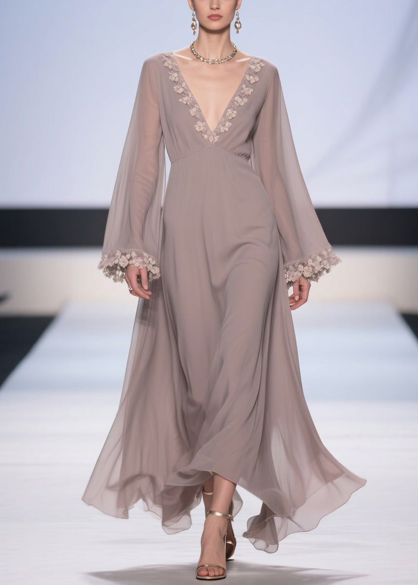 Light Grey Lace High Waist Solid Chiffon Robe Dresses V Neck
