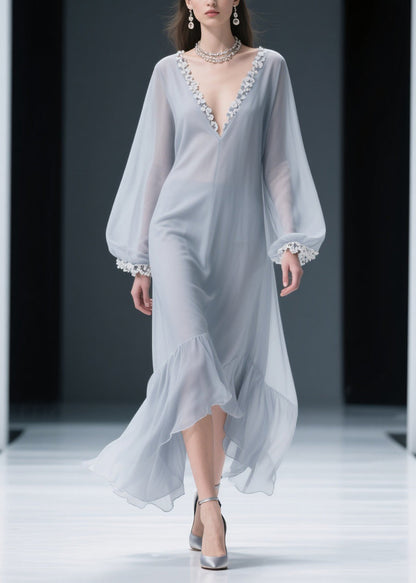 Light Grey Lace Solid Chiffon Maxi Dresses V Neck Spring