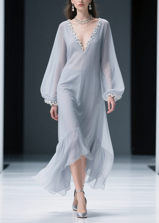 Light Grey Lace Solid Chiffon Maxi Dresses V Neck Spring