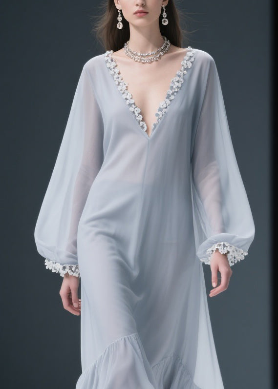 Light Grey Lace Solid Chiffon Maxi Dresses V Neck Spring