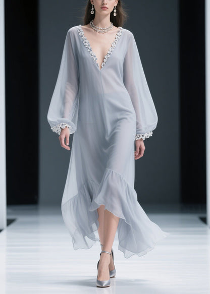 Light Grey Lace Solid Chiffon Maxi Dresses V Neck Spring