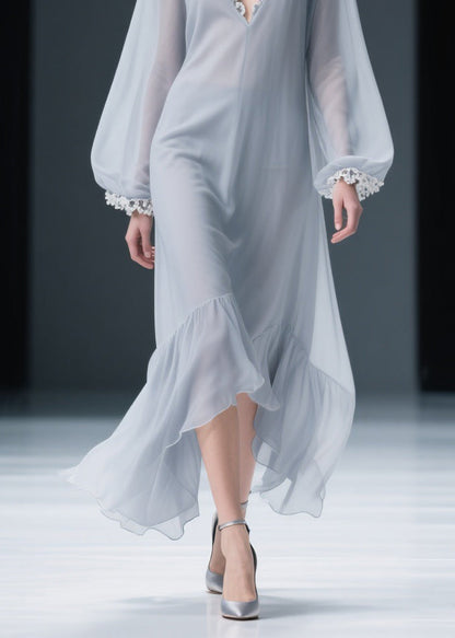 Light Grey Lace Solid Chiffon Maxi Dresses V Neck Spring