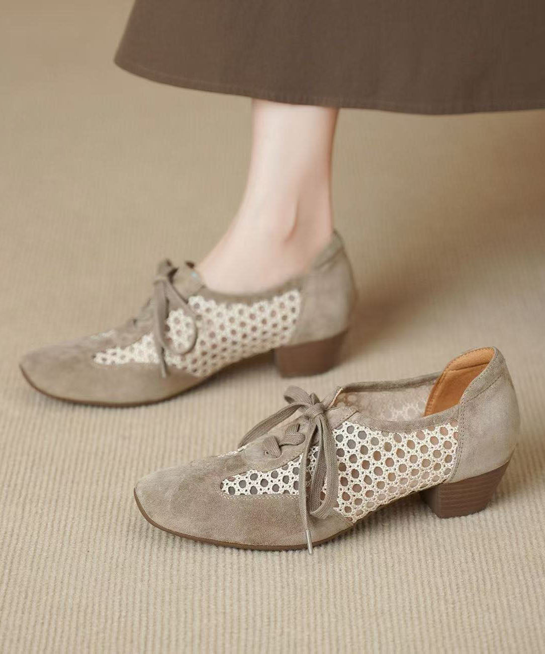 Light Khaki Hollow Out Splicing Chunky Shoes Lace Up
