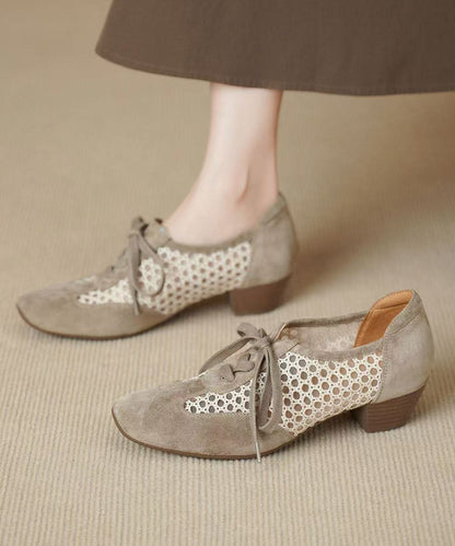 Light Khaki Hollow Out Splicing Chunky Shoes Lace Up