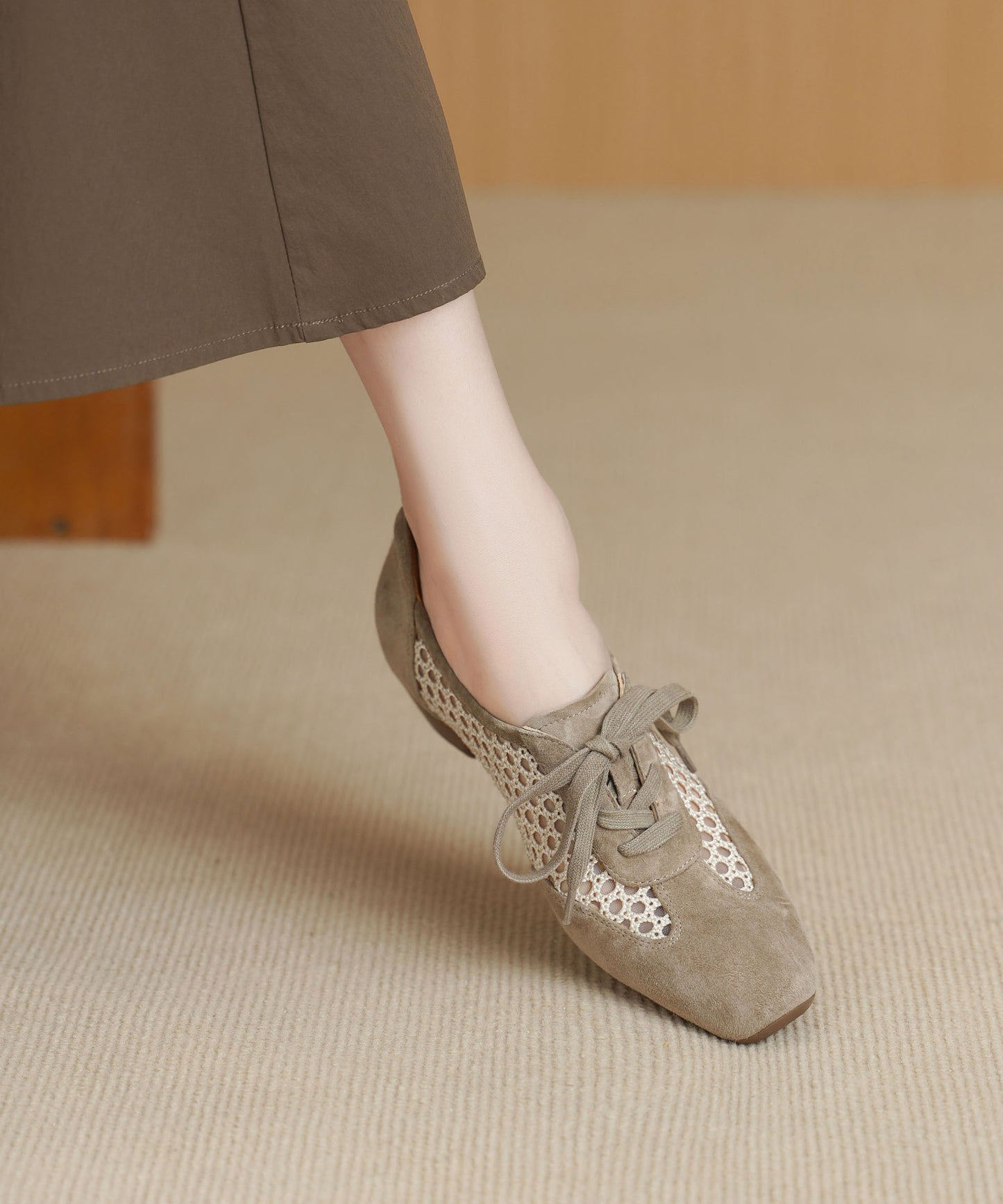 Light Khaki Hollow Out Splicing Chunky Shoes Lace Up