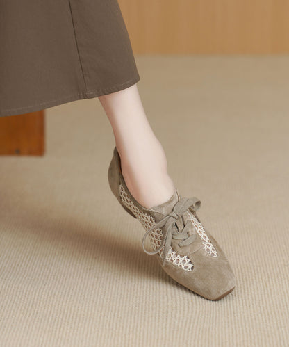 Light Khaki Hollow Out Splicing Chunky Shoes Lace Up