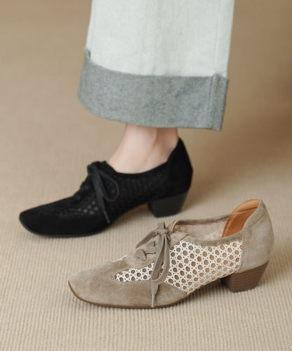 Light Khaki Hollow Out Splicing Chunky Shoes Lace Up