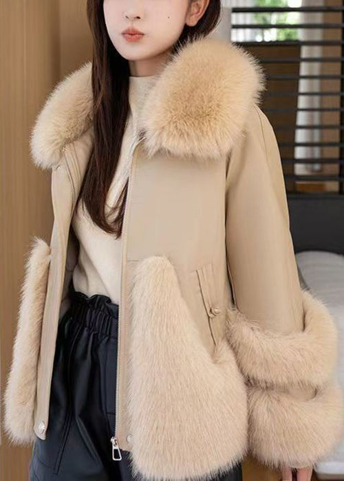 Light Khaki Zippered Patchwork Parka Fur Collar Winter