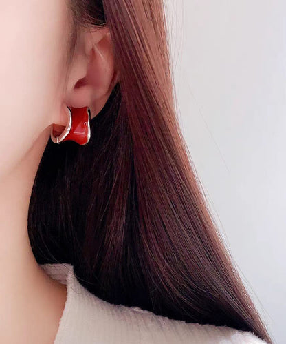 Light Luxury Irregular Wine Red Copper Hoop Earrings