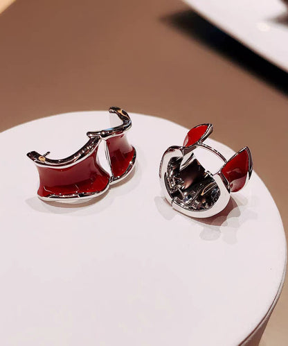 Light Luxury Irregular Wine Red Copper Hoop Earrings