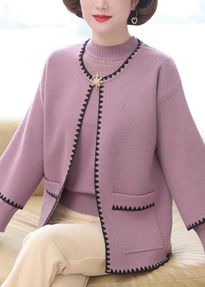 Light Purple O-Neck Pockets Cotton Knit Coats And Sweaters Two-Piece Set Spring