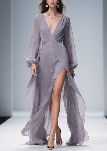Light Purple Wrinkled Side Open Chiffon Ankle Dress V Neck