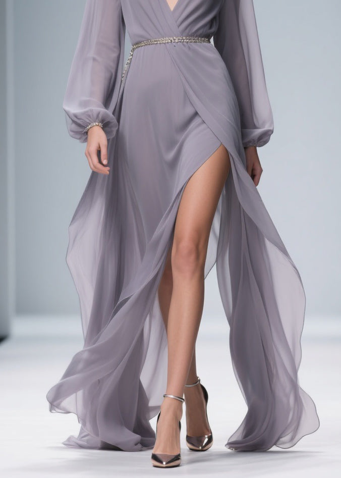 Light Purple Wrinkled Side Open Chiffon Ankle Dress V Neck