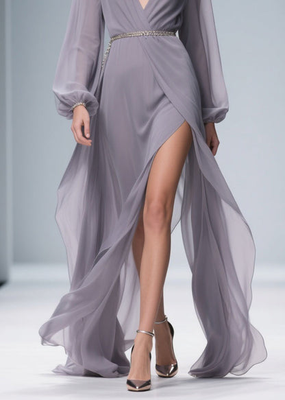 Light Purple Wrinkled Side Open Chiffon Ankle Dress V Neck
