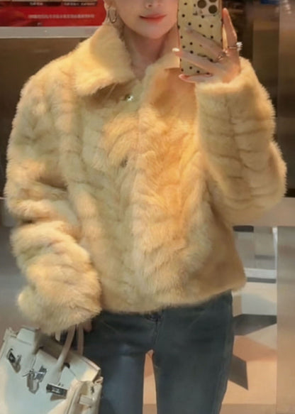 Light Yellow Patchwork Button Mink Hair Coats Long Sleeve