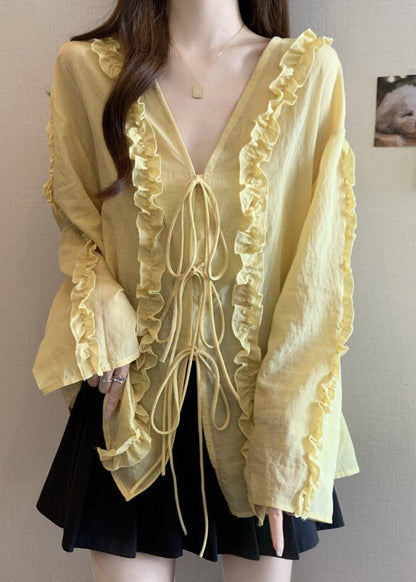 Light Yellow Tie Lace Chiffon Top V Neck Fall