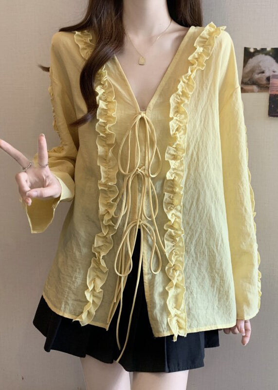 Light Yellow Tie Lace Chiffon Top V Neck Fall