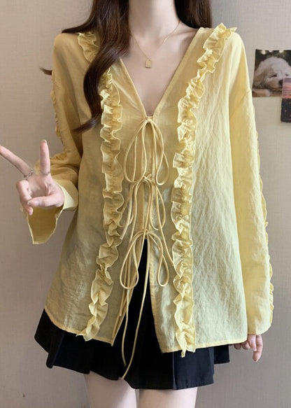 Light Yellow Tie Lace Chiffon Top V Neck Fall